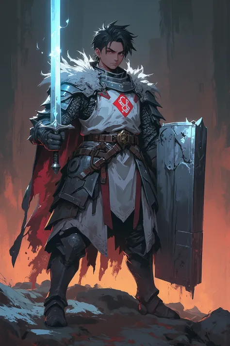 Young boy warrior in gray armor, Short black hair booklet cut,  wears a white tunic over the armor in the middle a red emblem , in his right hand he carries a sword with a blade of light and in his left hand a shield, short stature 1,65 cm tall , The blade...