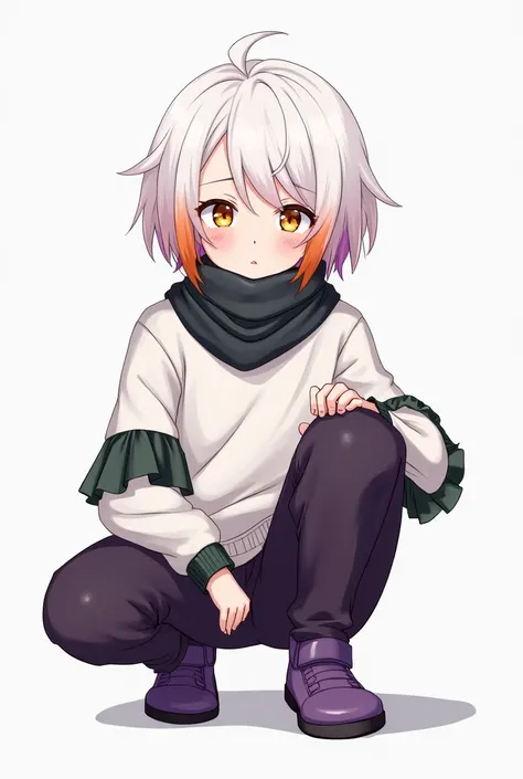 Assume a character with white hair and orange and purple tips, a white sweater with black shirt sleeves with green ruffles, purple-black pants with purple shoes, a scarf covering his neck and orange eyes with a bitterly detailed tone.,  anime style