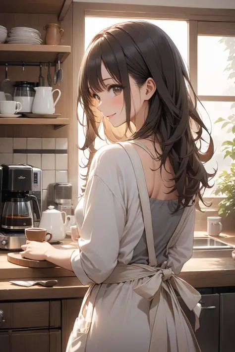  stands in the kitchen with a homely and warm atmosphere in the morning 、 anime-style illustration of a beautiful woman 。 she has long, straight hair 、Wear a simple and elegant apron over underwear、Brewing coffee。The viewpoint is、It's from the lover standi...