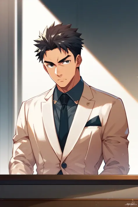 anime, MAN 27 YEARS OLD, high, muscular,  black hair,  short hair, Hair spiked upwards,  black eyes, Serious,  whole body, serious, masculine, formal clothes, desk, CEO 