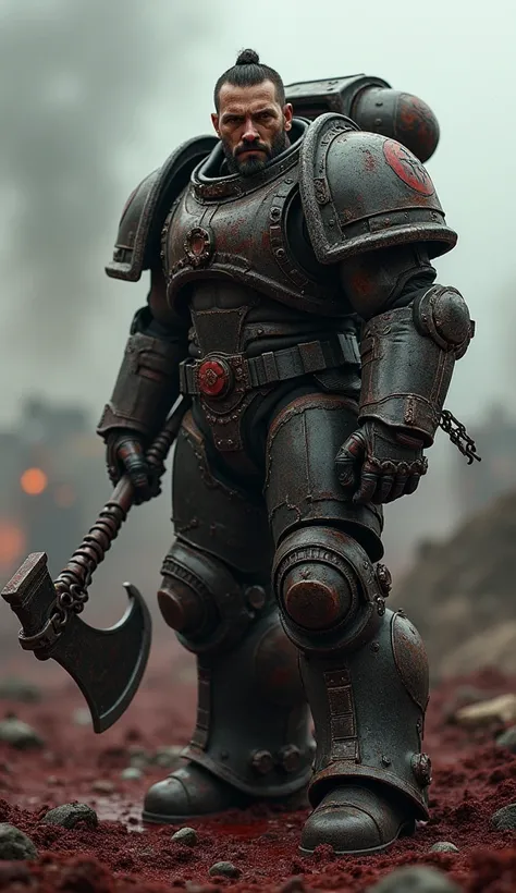 A grizzled warrior resembling Tom Hardy, wearing battle-worn Warhammer 40K power armor. His face is visible, featuring scars and a five o’clock shadow. He grips a brutal chain-axe, standing on a blood-soaked battlefield. Smoke rises in the distance.