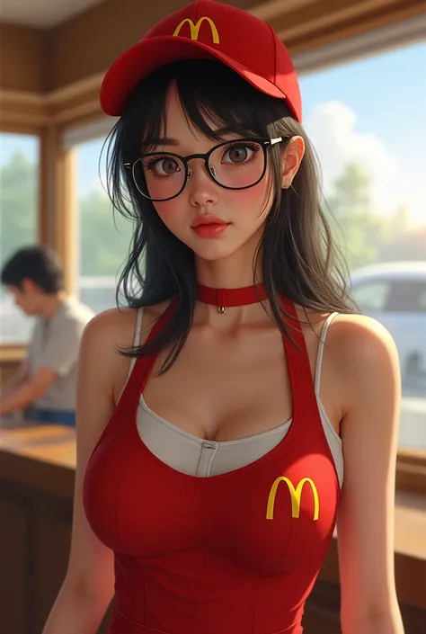 score_9, score_8_up , score_7_up , masterpiece, high quality realistic
 garota, McDonald's employee, sem roup as,  wearing a three-dimensional , new, with glasses,  medium tits, sexy bundle