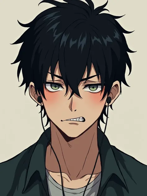  black hair, stupid hair,  blushes,  and frown,  expressions,  open your mouth slightly,  adult male,Earphones,  illustration , 