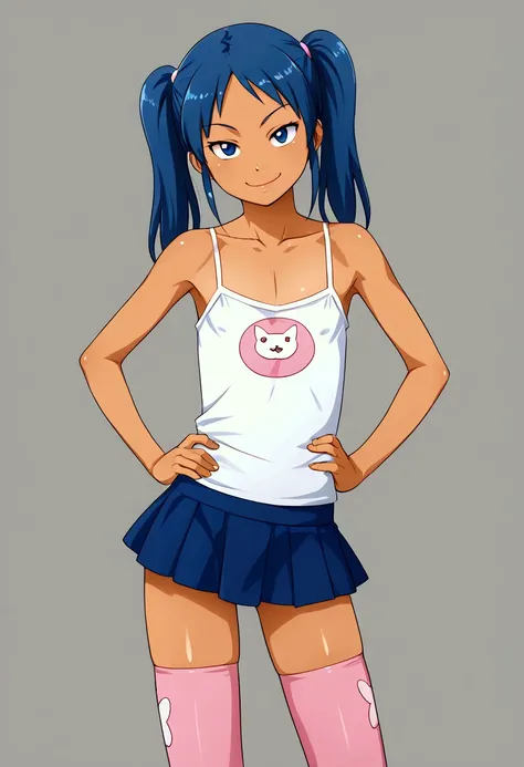 suntan,flat chested,smug face,camisole,male brat,male,solo,blue hair twin tails,thighs,microskirt,super tight,hand on hip,print shirt,skirt,thighhighs,kitty thighhighs,