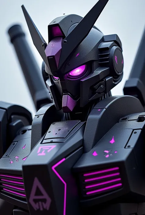 A face of a dire mecha like a Gundam, black with purple details and seems like a logo