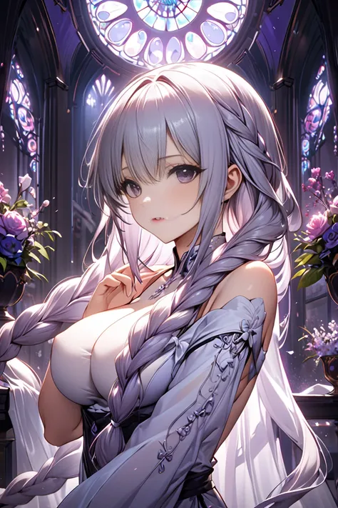  1 woman、 big breasts、Slightly purplish silver hair long back hair long braids、 super high resolution、A rich contrast、 very high quality、8k、 Extremely Delicate CG Unit、wallpaper