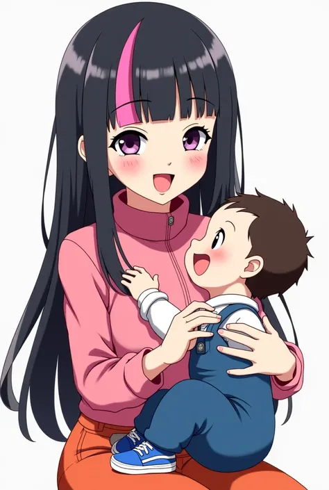 Create an anime character: white woman with big, straight black hair with a pink stripe on her head, big, expressive eyes smiling, wearing bright and modern clothes, holding a  in her lap, a baby who looks at her and smiles with a passionate expression try...