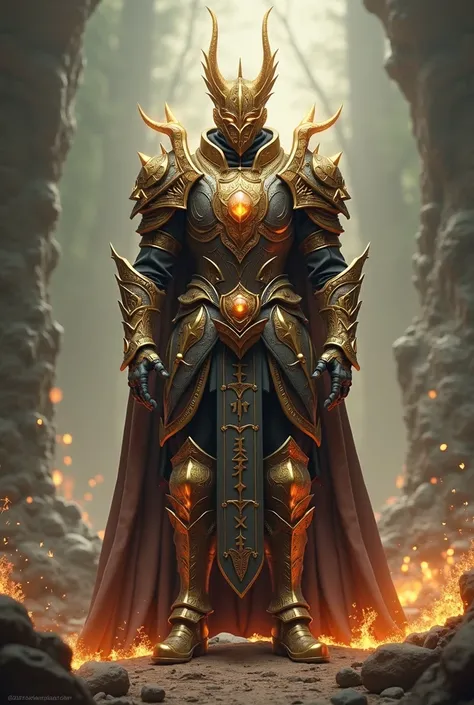 A magic armor and the armor must have many more sections and plates , without tips , Spikes and horns , with a magic axe with runes engraved in the right hand and a small triangular shield integrated in the left hand