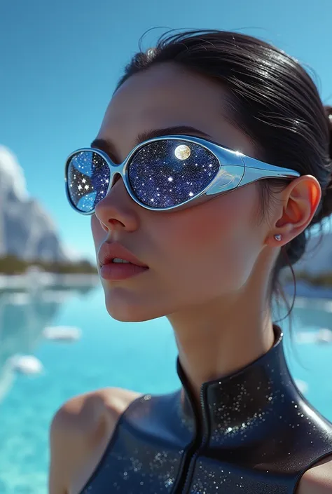 The model is wearing glass sunglasses with stars and the moon on the glass