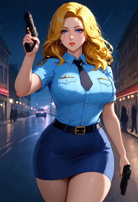 1 Female、American Beauty、Super beautiful、Facial beauty、blue eyes、Standing、New York Police Uniform、mini skirt、Golden Hair、Night Street、Backlight、The wind is blowing、it&#39;s raining、He is looking intently at the barrel of the gun.、Thigh-up shot、pointing pis...