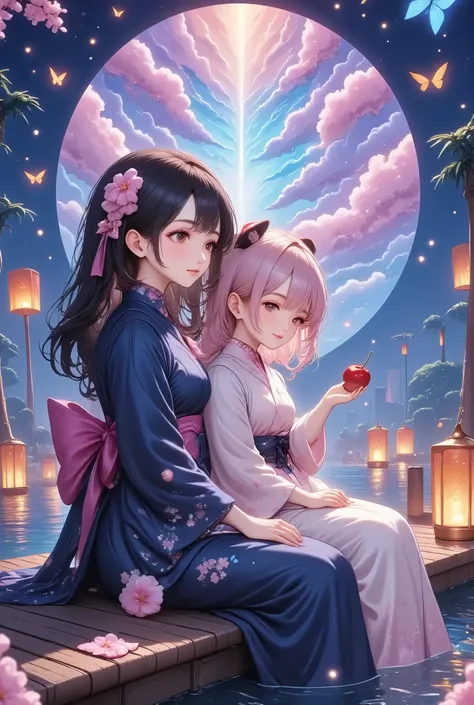 masterpiece, ultra-detailed, vibrant color palette, two beautiful girls sitting side by side on a bamboo raft floating on a calm, moonlit river. Both girls are dressed in traditional, intricate yukata with modern, colorful designs, their outfits adorned wi...