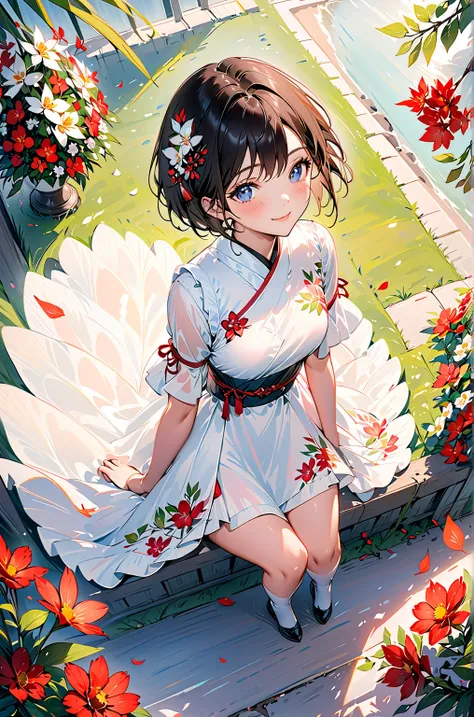 (masterpiece、highest quality、highest quality、Beautiful and beautiful:1.2)、Good anatomy、（Watercolor 1.5）、Drawing of a girl with straight short hair、Beautiful smile、pure white costume、pure、Charm、One puppy、looking at the camera、Flowers and leaves、Botanical Ar...