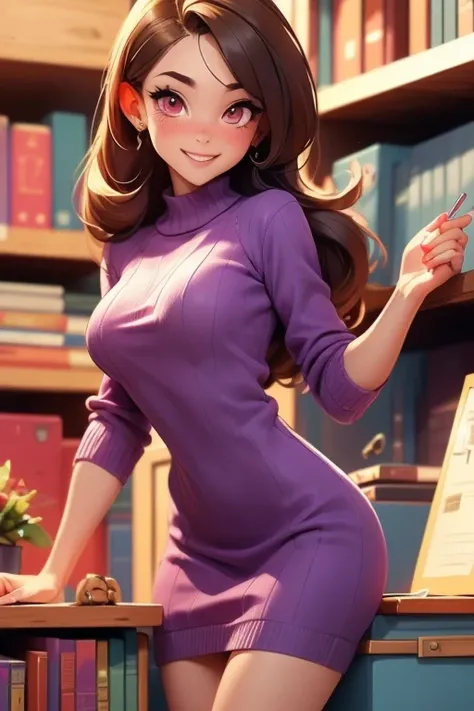 Perfect face. Perfect hands. A brown haired woman with red eyes with an hourglass in a cute purple sweater dress is smiling while sorting books in a library