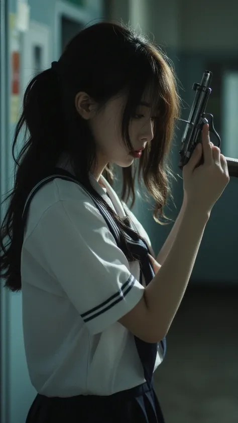 High school girl holding a revolver's muzzle at her head