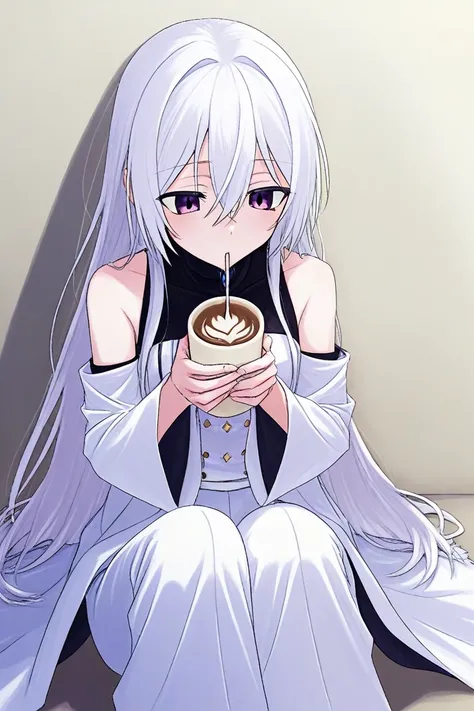 A white-haired, black-tipped age girl with jewel-purple eyes in a dress, a white long-sleeved top, along with white trousers, is sitting drinking hot cocoa.