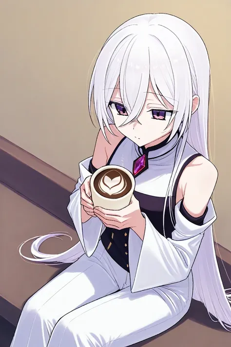 A white-haired, black-tipped age girl with jewel-purple eyes in a dress, a white long-sleeved top, along with white trousers, is sitting drinking hot cocoa.