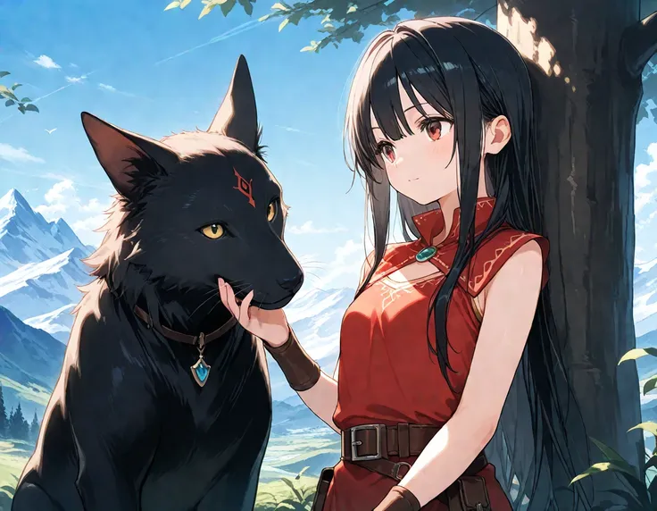 (masterpiece), (best quality), (ultra-detailed),
1girl, black hair,  fantasy, route of a journey, animal,