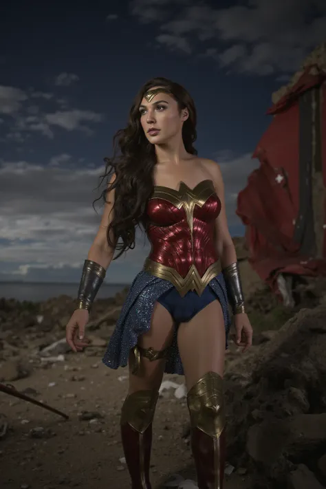 A sexy and plump beautiful girl, Gal Gadot play as Wonder woman, full body, sexy toes， Beautiful Legs，Beautiful feet，Wonder Woman Diana stood in the ruins of the ancient temple，surrounded by the quiet night sky， star-studded 。 she wears dazzling bikini arm...