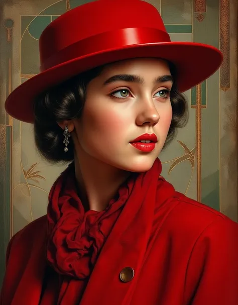 masterpiece of the highest quality, beautiful woman in a red hat and red scarf, an Art Deco painting by Edwin Georgi, CGSociety, precisionism, Art Deco, chiaroscuro, Ilya Kuvshinov