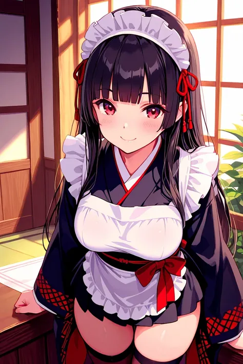 8k,masterpiece, best quality, ultra detailed, high resolution, super fine illustration, 1girl, solo, smile,red eyes, black hair, long hair, blunt bangs, medium breasts, maid headdress,maid uniform, Japanese clothes, kimono, miniskirt, thighhighs, upper bod...