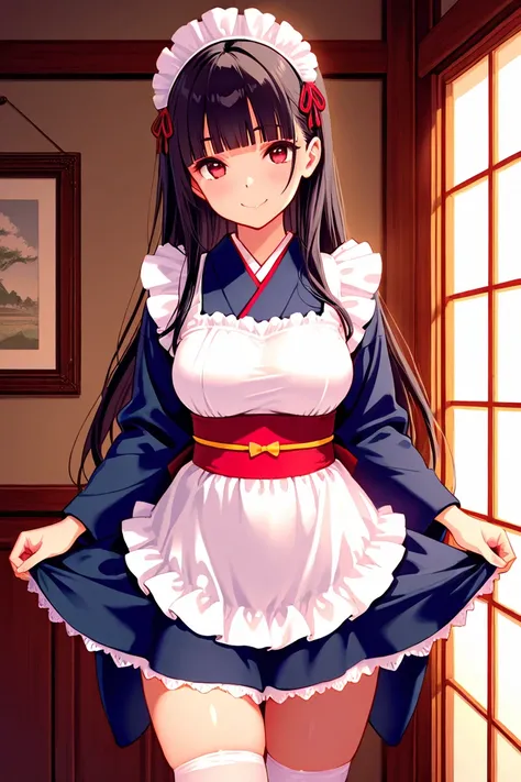 8k,masterpiece, best quality, ultra detailed, high resolution, super fine illustration, 1girl, solo, smile,red eyes, black hair, long hair, blunt bangs, medium breasts, maid headdress,maid uniform, Japanese clothes, kimono, miniskirt, thighhighs, upper bod...