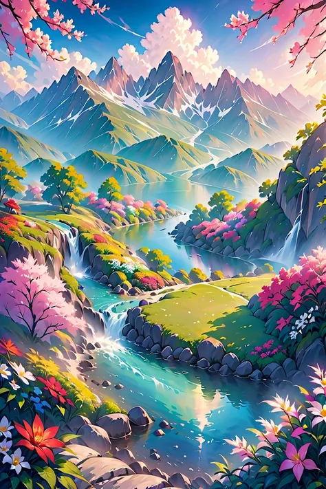 A vibrant and dreamy natural landscape: Background and Nature: Majestic mountains rise in the background, with jagged peaks and bright, fluffy clouds. Waterfall and Stream: A spectacular waterfall sits in the center, tumbling down from the mountain. From i...