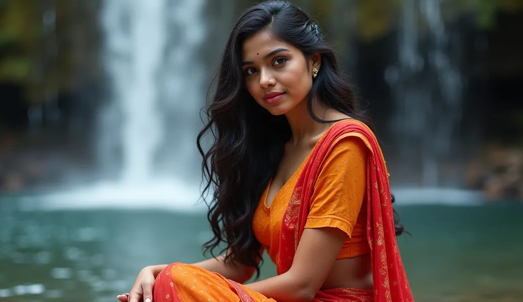 Portrait of A confident-looking indian woman with long flowing hair, hazel eyes, with flowing colourful capes, c-cup breast, perfect fit body and shape, sitting in water, waterfall background, bokeh, bokeh perfect composition, hyperrealistic, super detaile...