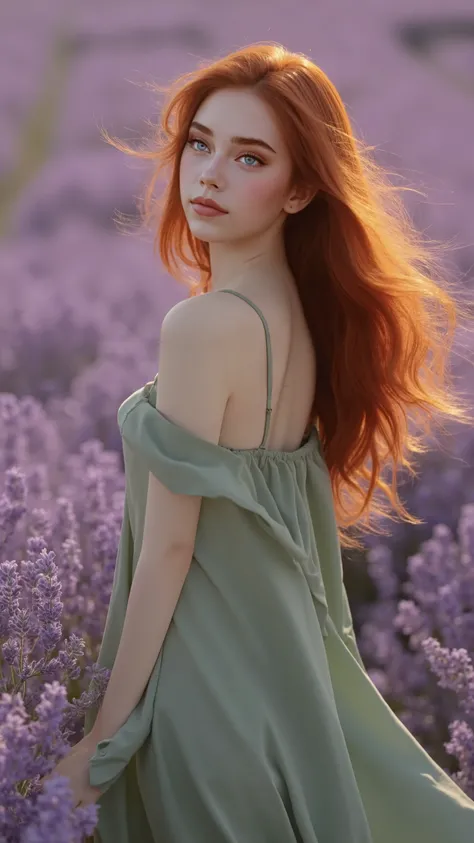 Stunning photo of a redhead model. She is in a green sundress and standing in a lavender meadow. Hyperrealistic, masterpiece, 8k, high quality, lifelike