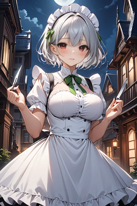  1 woman、 big breasts、Silver hair, short hair, red eyes 。, you can see black underwear while changing into blue and white ruffled maid clothes、I'm wearing a small green ribbon。 she has a sharp silver knife in both hands 、 ready to throw them accurately 。 I...