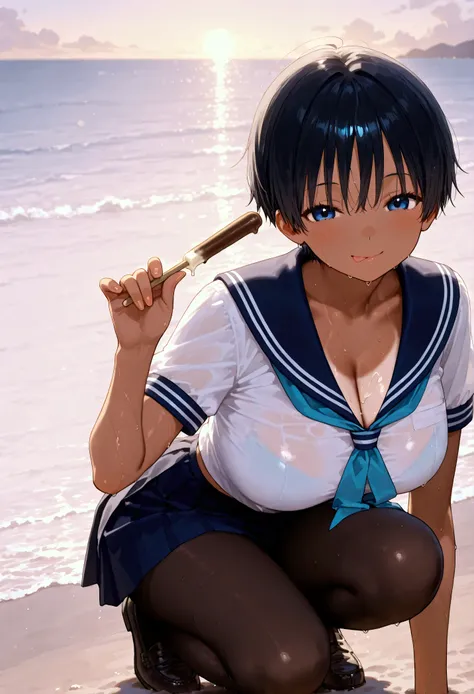 Outdoors、Beach at dusk、 crouch、Lick an ice cream stick、 girl{ black hair、Long furrows 、The neckline is quite long、 short hair、 blue inner color、 big breasts、Sunburn、Dark Skin、A smile that is planning something、 sailor suit、Summer clothes、 that holds the kn...