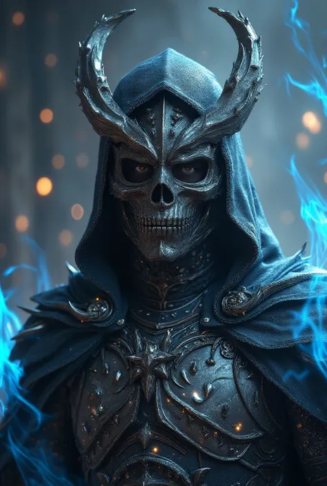 ha sang, 1boy, skull mask,armor, male focus, solo,weapon,sword,spikes,looking at viewer, blue_fire,c loak, hood up, holding, (masterpiece), (best quality), HDR, intricate detail,