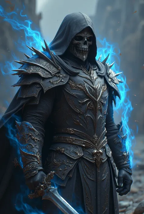 ha sang, 1boy, skull mask,armor, male focus, solo,weapon,sword,spikes,looking at viewer, blue_fire,c loak, hood up, holding, (masterpiece), (best quality), HDR, intricate detail,