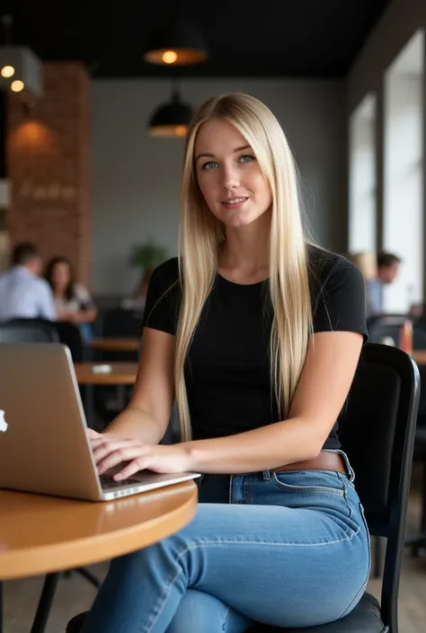 woman, blonde, long straight blonde hair,  Medium butt size to big beautiful, Medium breast size for big beautiful, She wears jeans and a tight black t-shirt , You are in a coffee shop in front of you a table in front of you with an open Apple MacBook on t...