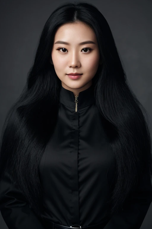 very long hair,most very  jet black hair,long wolf hairstyle,most very lion hair,coarse hair,thick hair,most very heavy weight hairstyle,shiny jet black hair,1 Chinese woman,female jail officer,black uniform,black pants,most very mockingsmile face,tall wom...