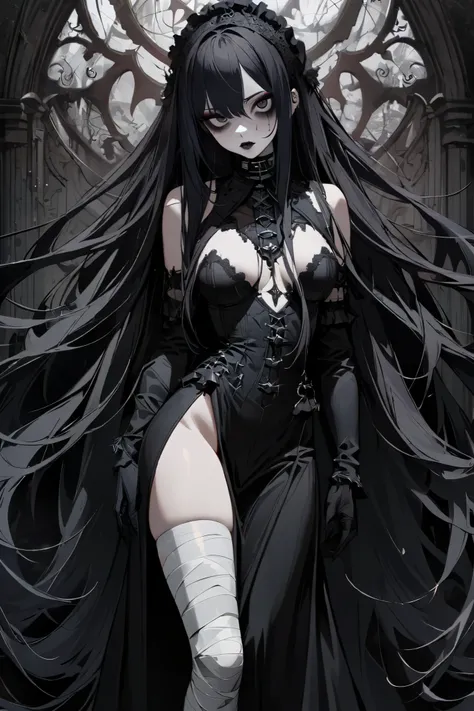 1girl, Absurdly Long Hair, Makeup, gothic, bandages, dark circles under eyes, gothic detailed background, High Details, Best Quality, looking at viewer, detailed eyes, revealing gothic clothes, pale lips