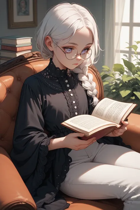 A age girl with white hair, pearl purple eyes and dark blue eyes, wearing round glasses, is sitting reading with a dress, a black blouse poking over her shoulders, and another long-sleeved shirt with white trousers.