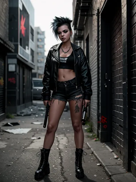 realistic, highly detailed, punk girl with baseball bat, standing in a dark alley, grungy urban environment, moody lighting, dramatic shadows, intense expression, spiked hair, ripped clothing, combat boots, graffiti-covered walls, cinematic composition, ph...