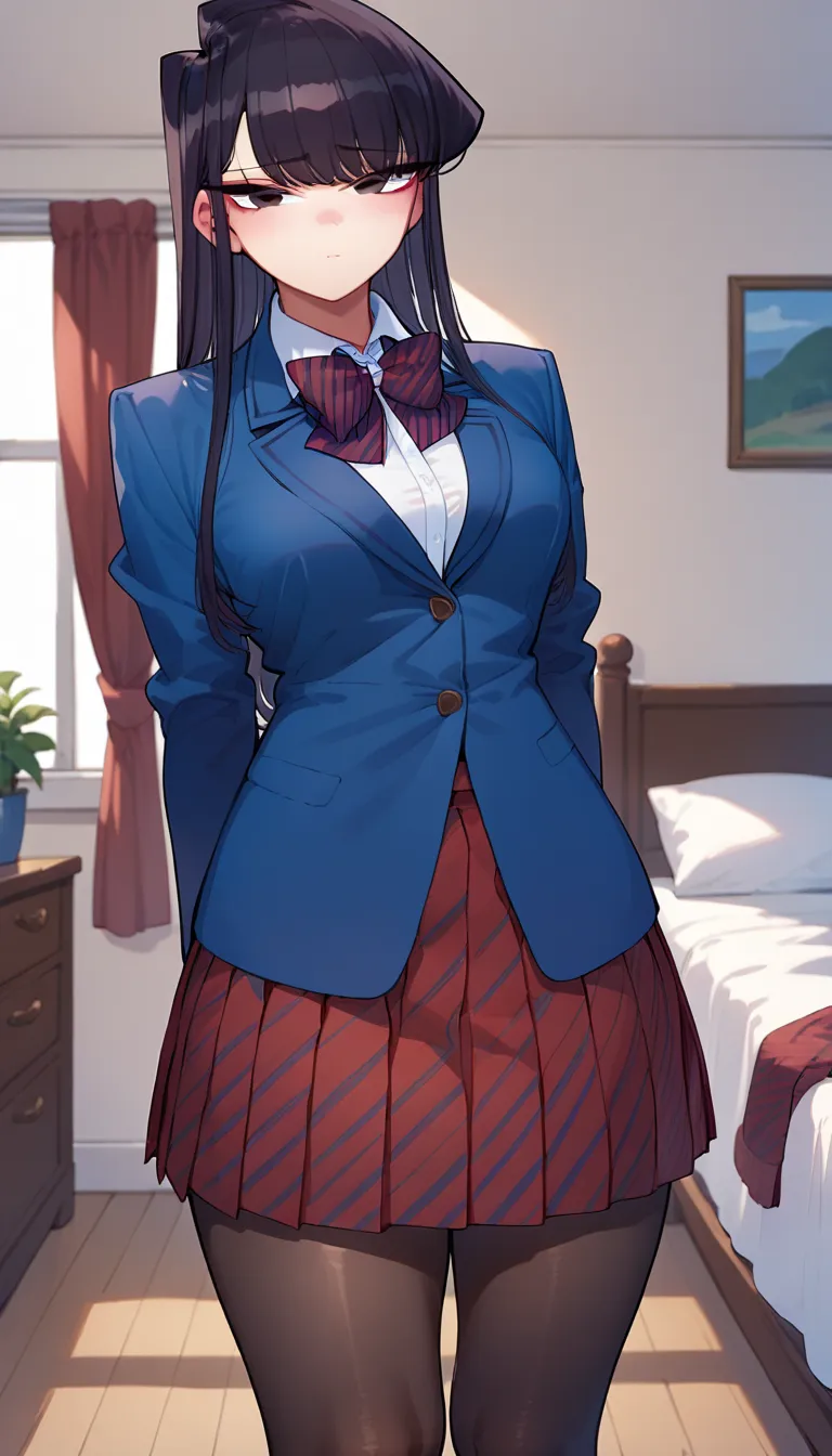 1girl, solo, komi_shouko, black eyes, black hair, long hair, big breasts, wide hips, thick thighs, skirt, shirt, long sleeves, bow, school uniform, jacket, white shirt, pantyhose, pleated skirt, striped, collared shirt, bowtie, red skirt, blazer, blue jack...