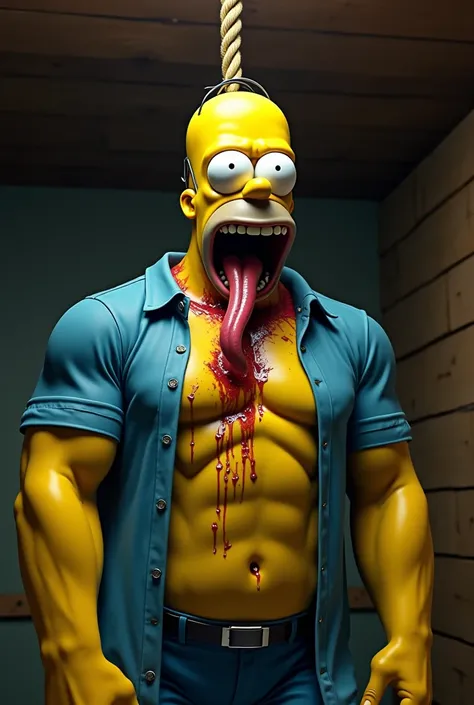 Muscular ripped body builder homer Simpson from the Simpsons wearing unbottoned open blue Oxford shirt, hanged with red rope tied around neck into wooden ceilling, open wide eye, open wide mouth with sticking out tongue (the tongue is long to chest) , deat...