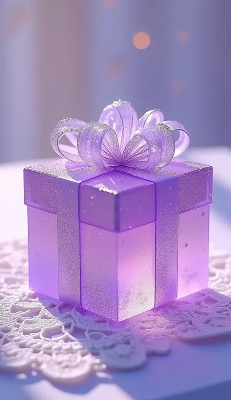 purple gift  、  The present is transparent  ,  made of crystals , and、 neon、 The background is also light purple、 The present has a snowflake pattern 、 Genuine、  glitter effects ,   drop shadow ,    background is cream colored   、 antique white lace cloth