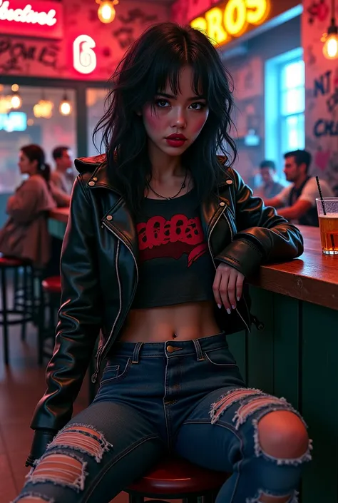 Digital painting close up image of a sexy 25 year old woman with goth punk black hair, styled in an edgy, alternative fashion, wearing trendy alternative clothing such as a leather jacket, band T-shirt, ripped jeans, and chunky boots. She is sitting at a b...