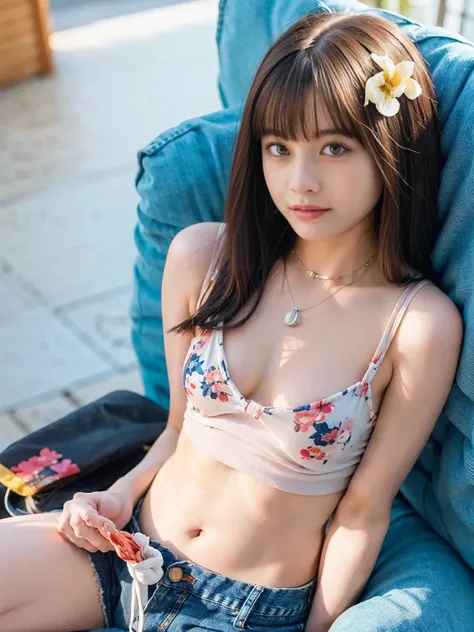  wear a floral micro bikini top 、Watch NSFW's 1   .2,   but  :1.4,front focus:1.5,(８ＫＲＡＷ photos, live shooting,  top quality,  Masterpiece:1.37),  extreme light and shadow ,    full body shot  :1.5, Detailed clavicle,   thin necklace ,  女性用イヤリング  alone,(( ...