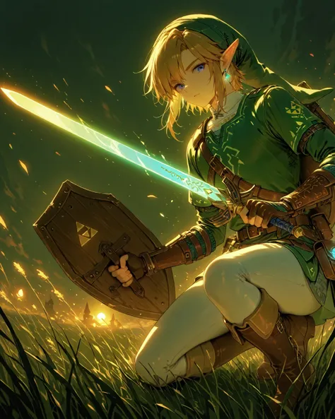 (Link: man, solo, male focus, masculinity, light clear hair, wild hair, leather green hat, blue eyes, long green shirt with leather belt, white inner shirt, white leggings, brown boots),(holding a sword in one hand, holding a shield with triforce icon in o...