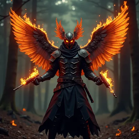  Image of a murderer with wings set on fire and helmet shaped like the head of a phoenix with orange eyes, With dark ninja armor, with a gun wrapped in fire in each hand pointed forward. The background is a dark forest environment with trees set on fire