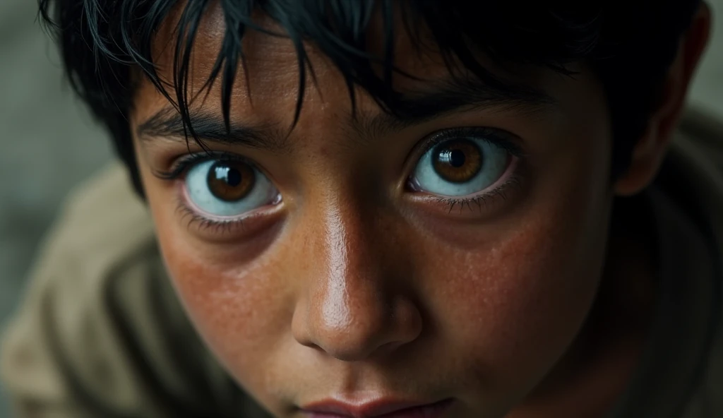 Close-up of the face of José, a 17-year-old with short black hair and brown eyes wide with shock. Tears begin to form, your breathing is labored, and the dust from the pit floor sticks to your sweaty skin. The scene conveys fear and despair. Realistic phot...