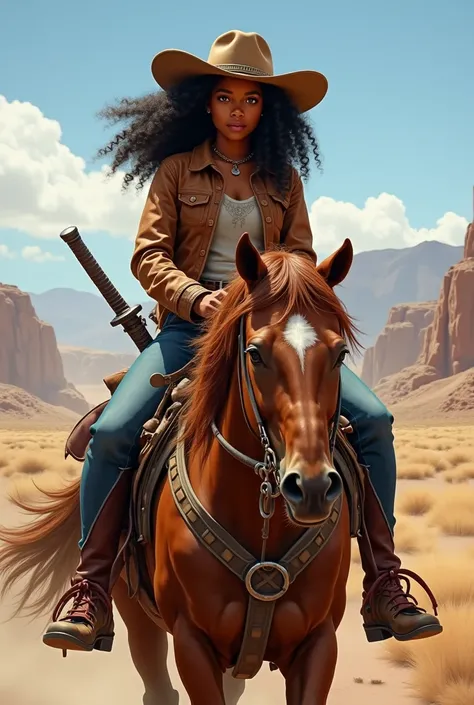 A dark-skinned girl with curly hair riding a horse wearing clothes characteristic of a cawboy, With a katana around the waist 