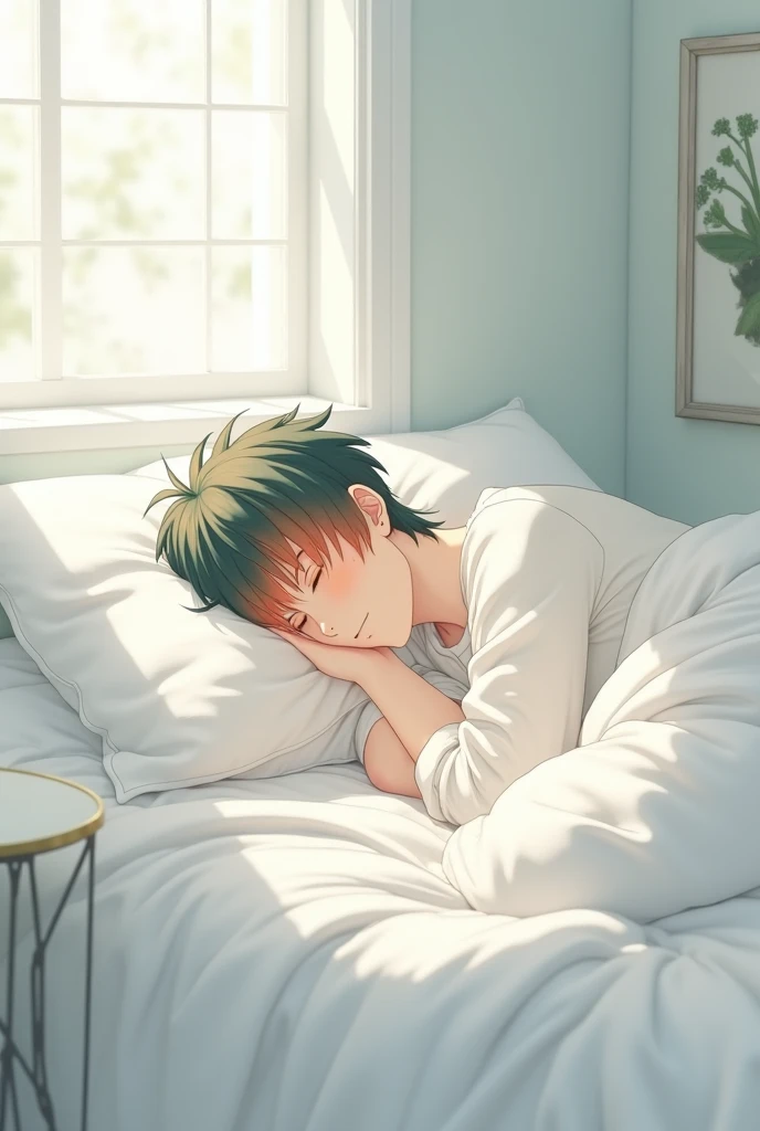 Anime man with dark green hair and orange locks sleeping in full white bed