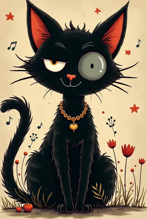 the song of the black cat with one eye gray, The style of the image has to be doodles , 60&#39;s style, Do you have to have musical notes, a necklace, Guitar, a beggar, A prince , An image for a fairytale, Cartoon style from the movie Aristogatas