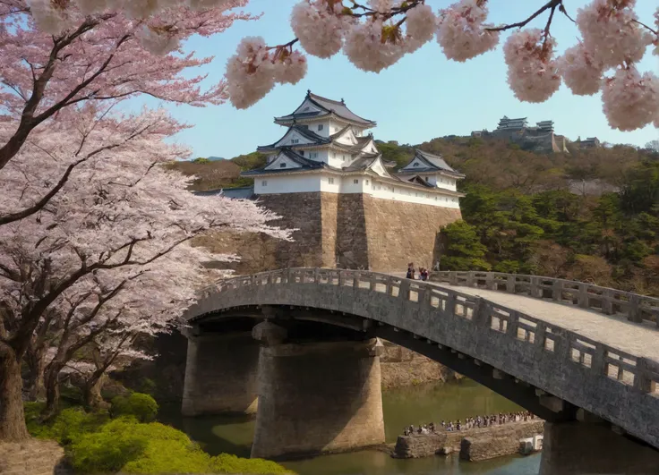  Edo period Japan,  an Edo period house in the background , Japan Tourism, Edo period Japan ,  Japanese village in the background ,  Japanese Castle , ( Himeji Castle ), 広大なHimeji Castle, with a  城,  bridge, which is set in the vast Himeji Castle ,   ancie...