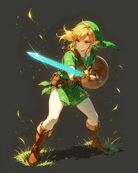 (Link: man, solo, male focus, masculinity, light clear hair, wild hair, leather green hat, blue eyes, long green shirt with leather belt, white inner shirt, white leggings, brown boots),(holding a sword in one hand, holding a shield with triforce icon in o...